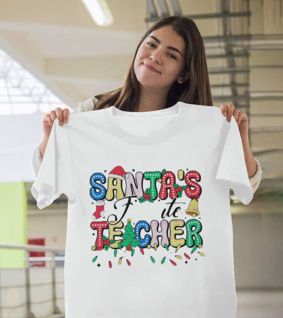 Santa's Favorite Teacher Christmas Light with Hat, Stocking, Bell, and Tree T-Shirt