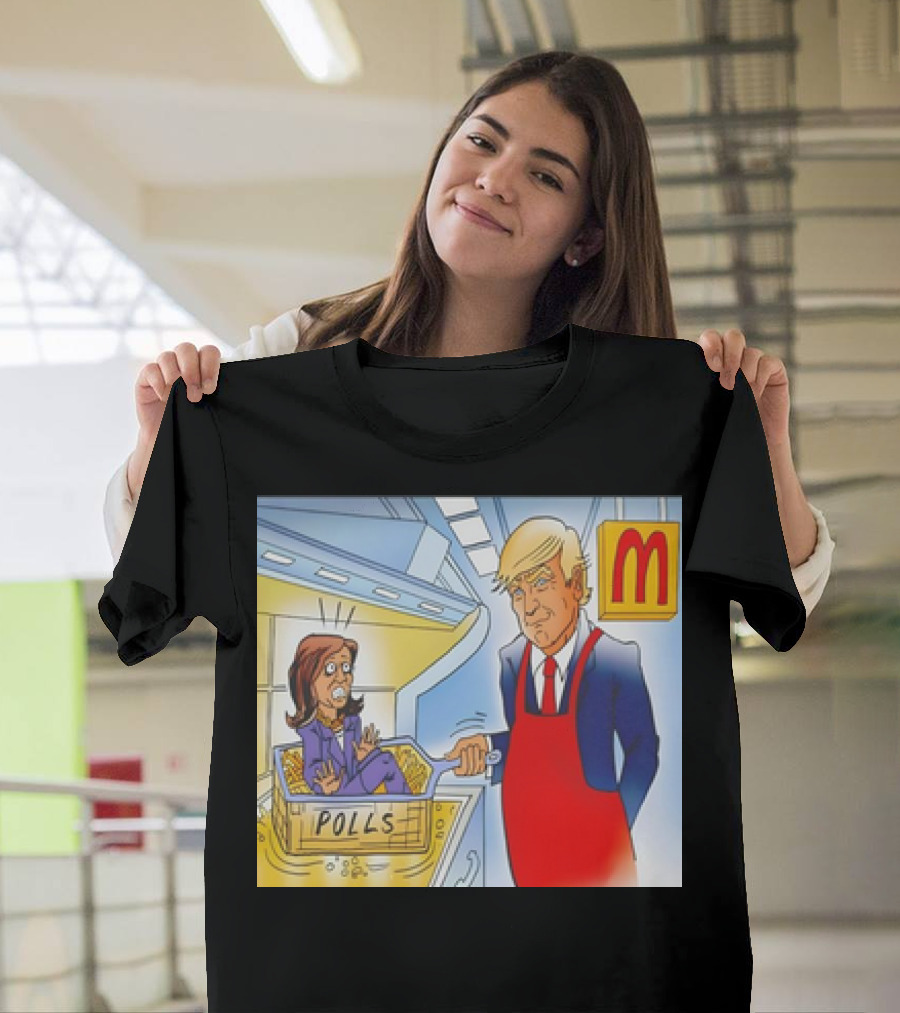 Trump Puts Biden in McDonald's Fryer with Polls in Red Apron T-Shirt