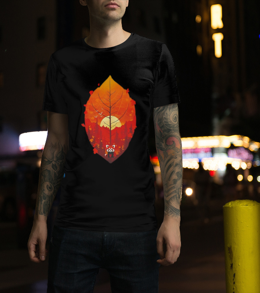 Panda Red Leaf Forest Sunset T-Shirt