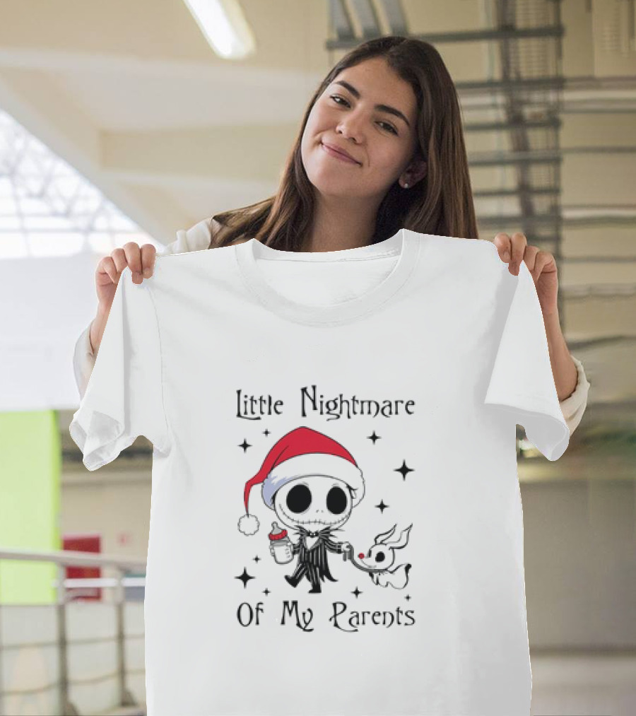 Little Nightmare Of My Parents Jack Skellington Santa Hat Holding Milk And Dog T-Shirt