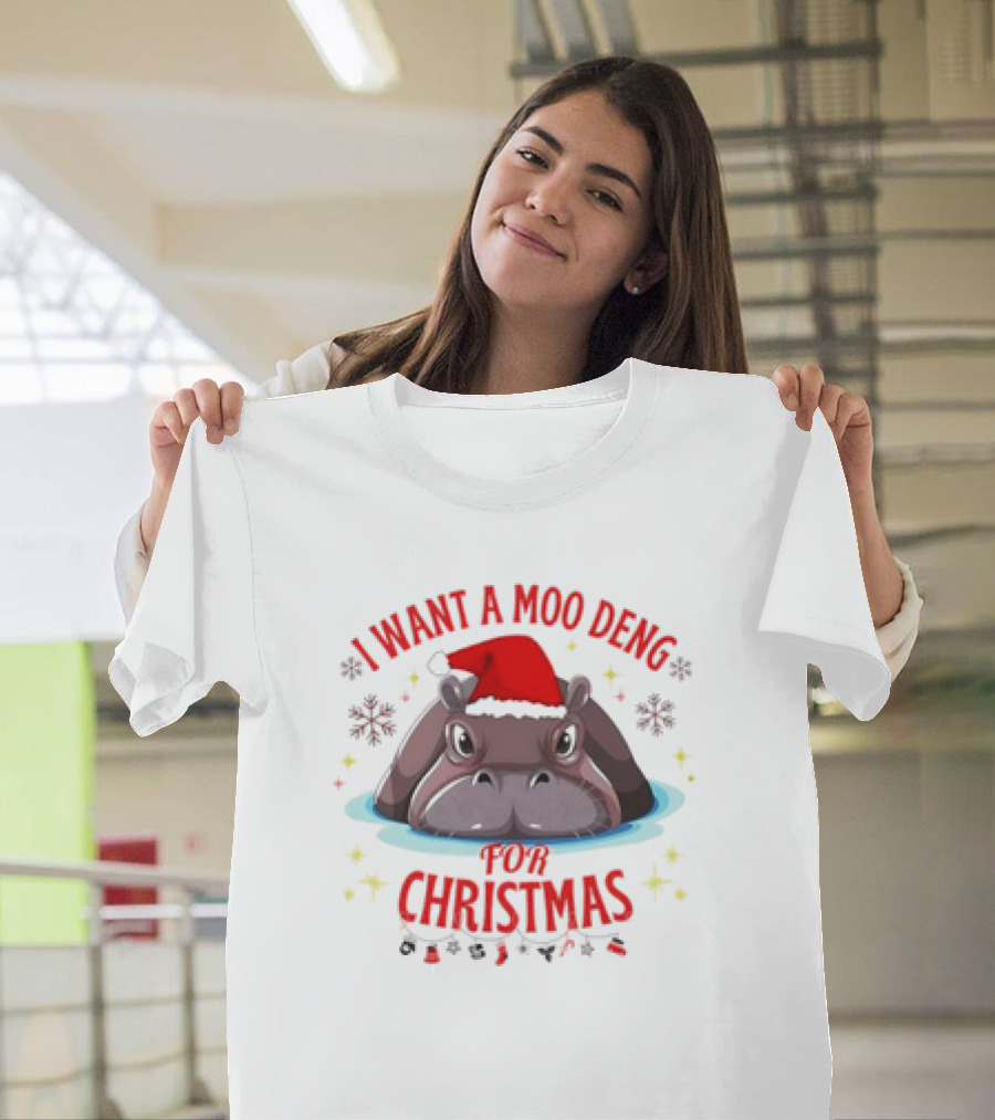 I Want a Moo Deng for Christmas Hippo Santa Hat Cute T-Shirt