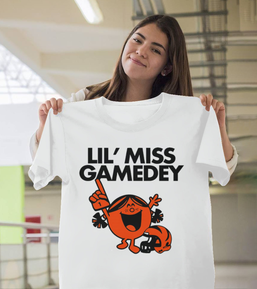 Lil Miss Gamedey Cincinnati Bengals Football Fandom Icon with Cheerful Character and Helmet T-Shirt
