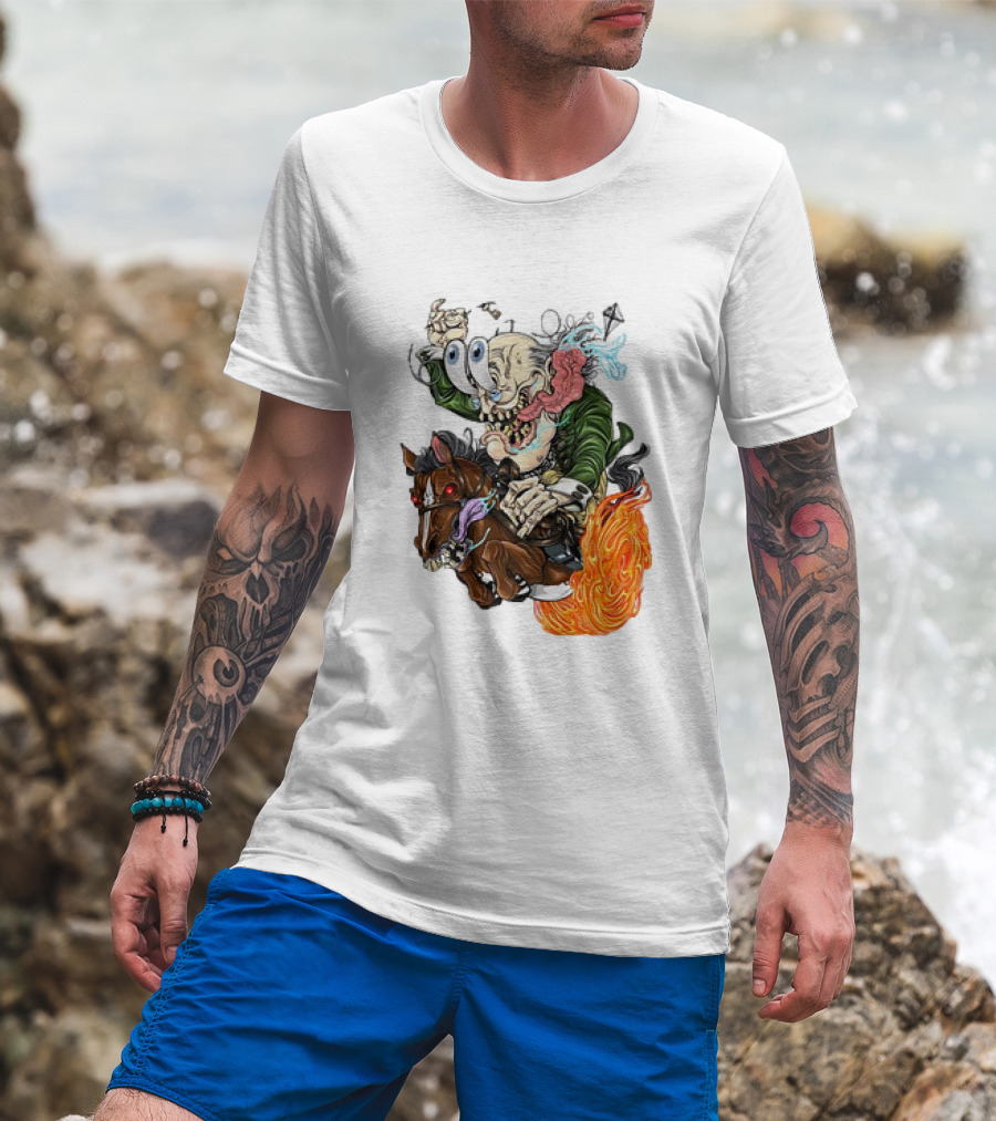 Ben FINKlin Surreal Dual-Eyed Figure On Flame-Engulfed Horse T-Shirt
