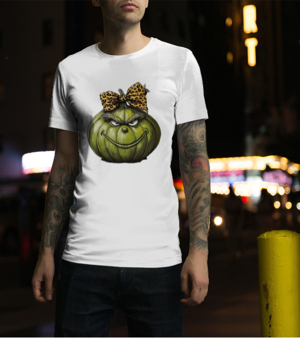 Retro Vintage Leopard Bow Grinch Pumpkin T-Shirt