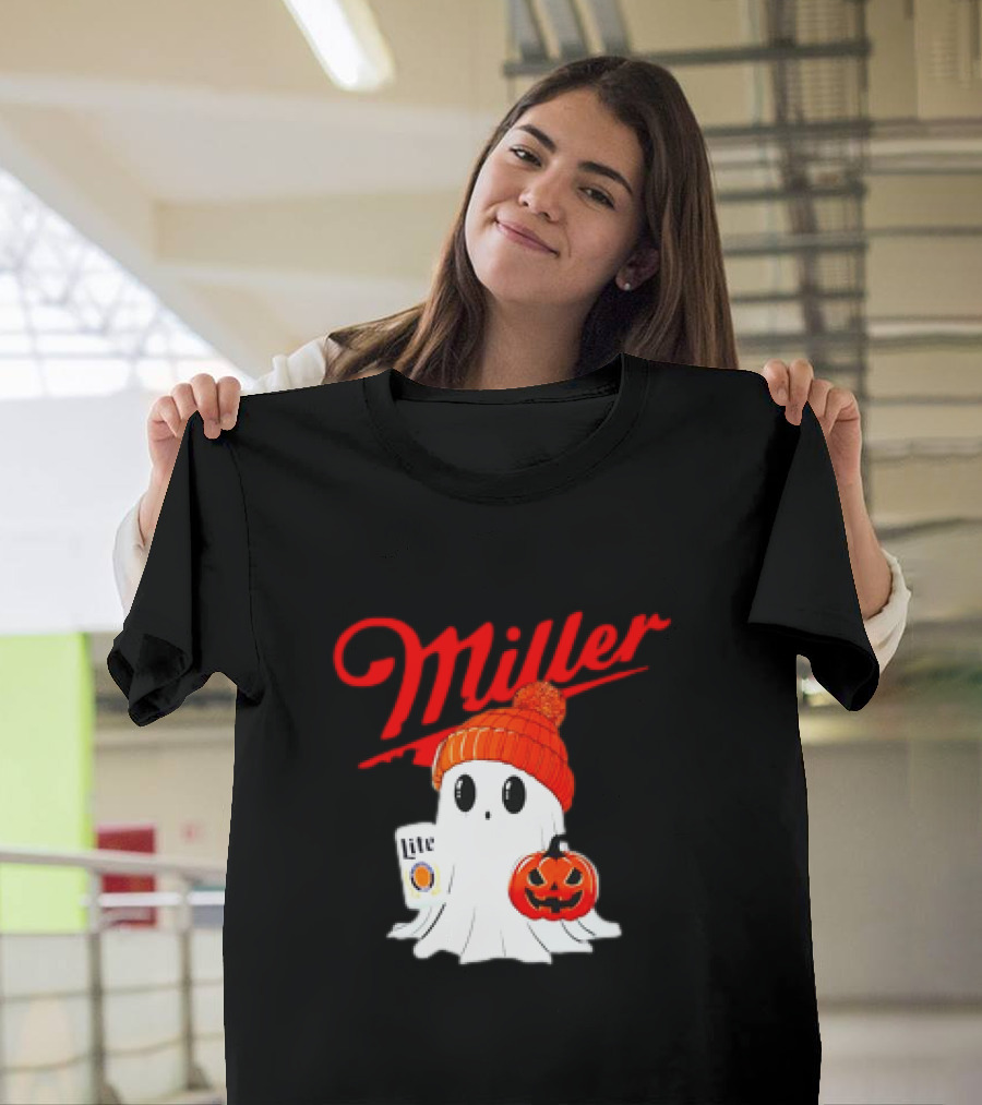 Miller Lite Halloween Ghost Pumpkin Beanie T-Shirt