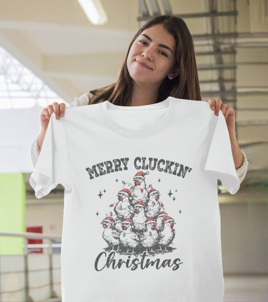 Merry Cluckin' Christmas Chicken Santa Hat Festive Stack T-Shirt