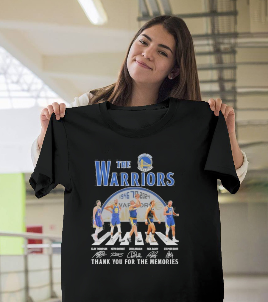 The Warriors 78th Anniversary 1946-2024 Thank You For The Memories Signatures Klay Thompson Kevin Durant Chris Mullin Rick Barry Stephen Curry T-Shirt