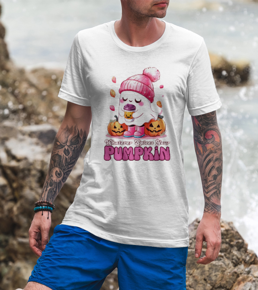 Ghost In Pink Beanie With Coffee And Pumpkins Whatever Spices Your Pumpkin T-Shirt