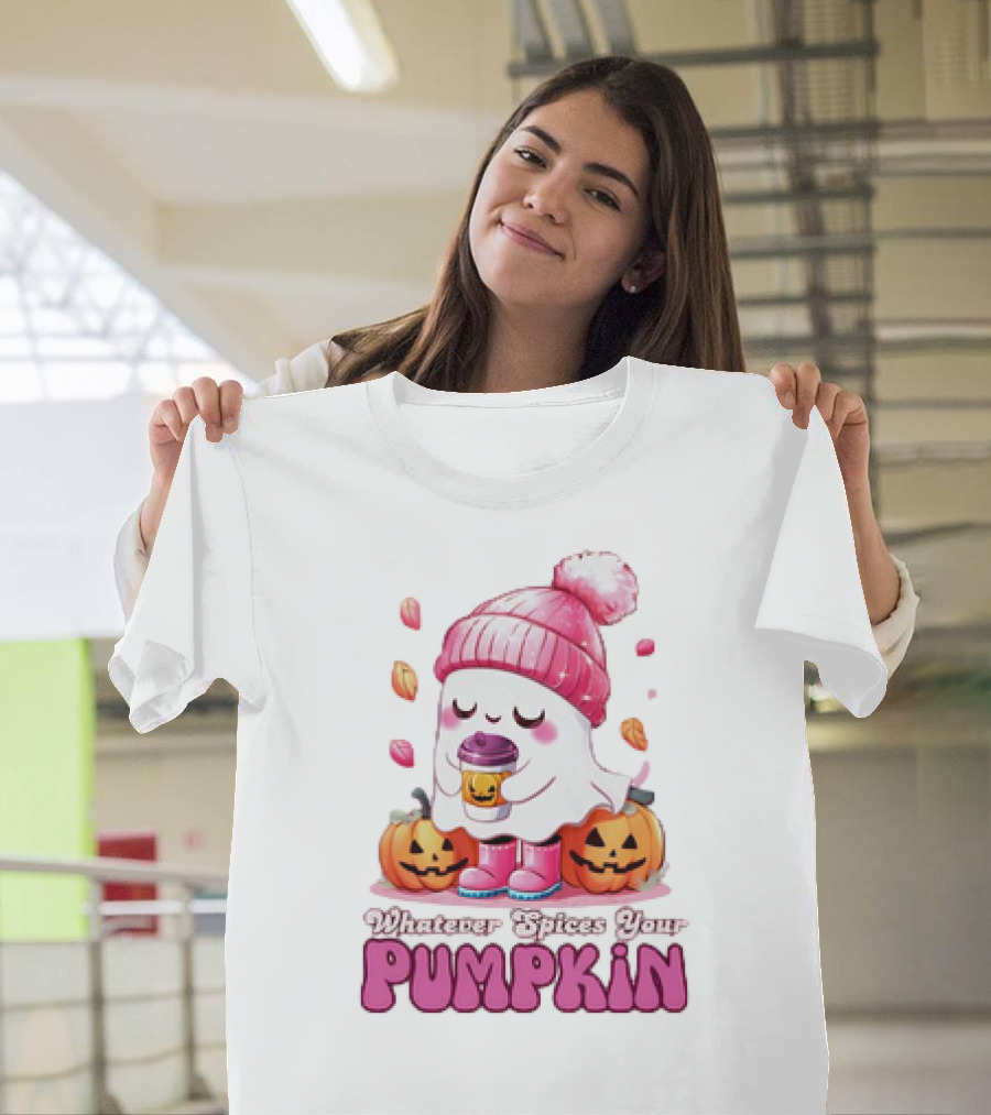 Ghost In Pink Beanie With Coffee And Pumpkins Whatever Spices Your Pumpkin T-Shirt