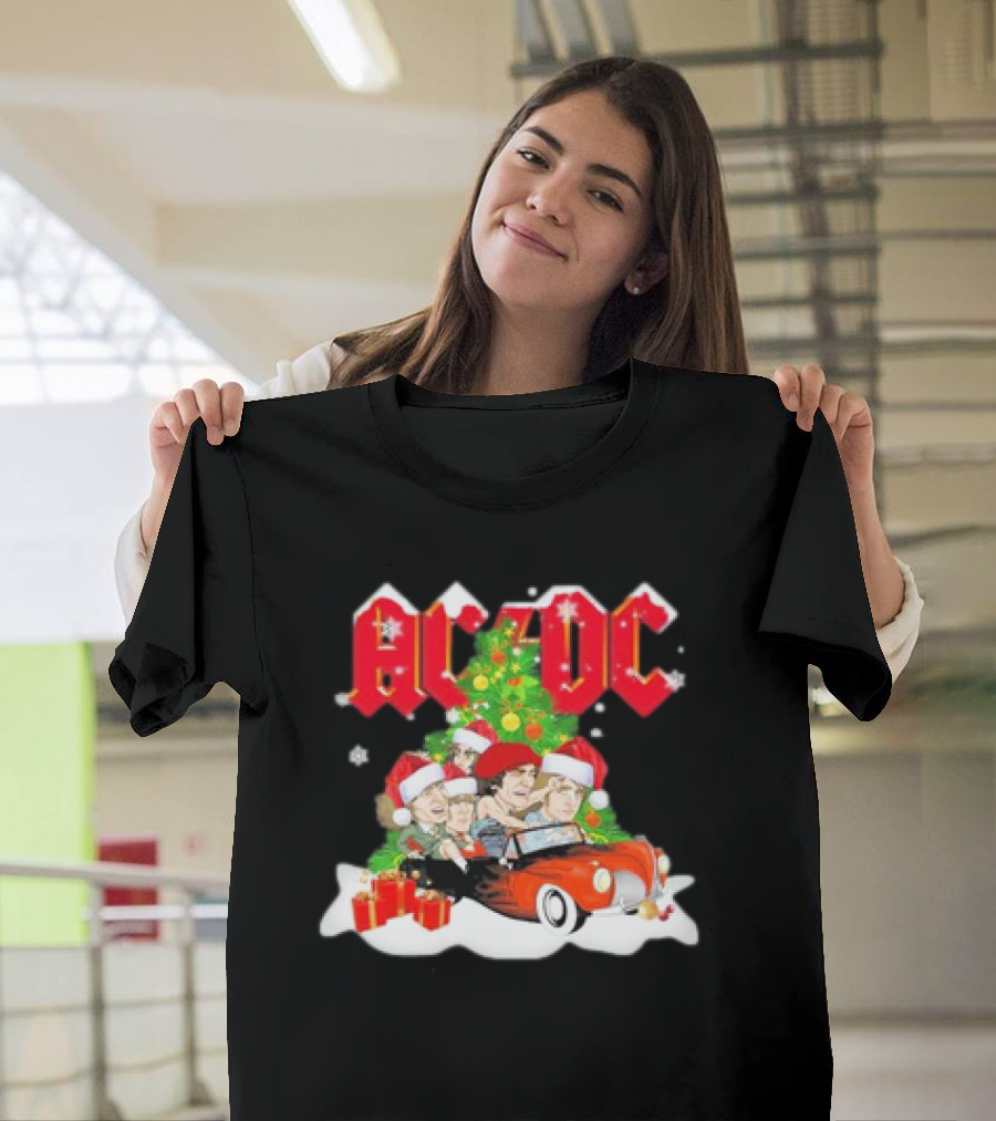 AC DC High Voltage Rock Band Christmas 2024 Festive Celebration With Santa Hats and Classic Car T-Shirt