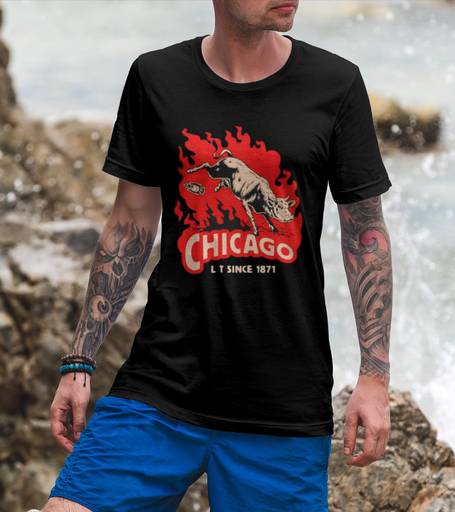 Chicago Lit Since 1871 Kicking Cow Flame T-Shirt