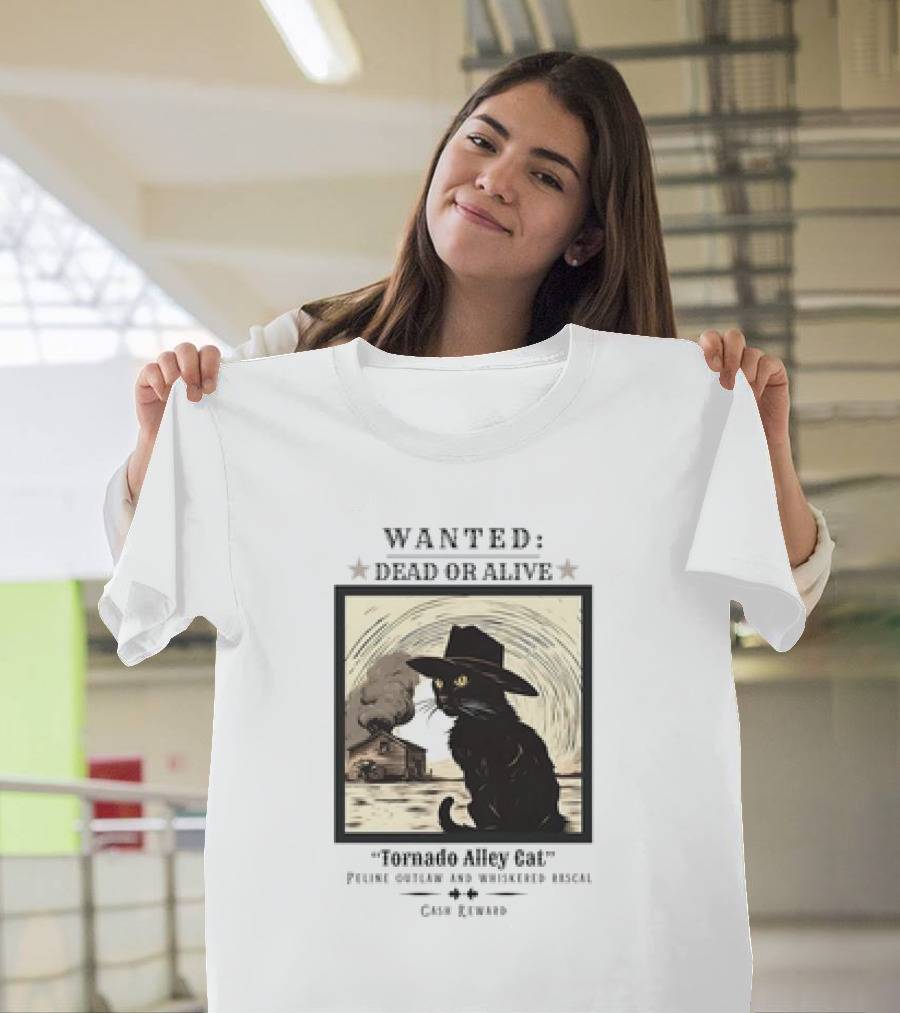 Wanted Dead Or Alive Tornado Alley Cat Oklahoma Whiskered Rascal Cowboy Twister Retro T-Shirt