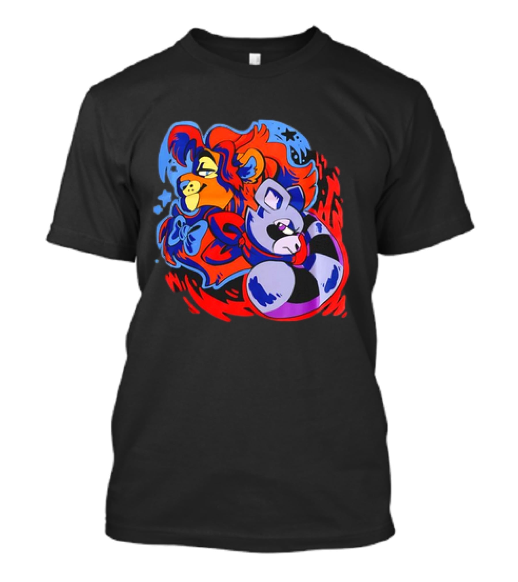 Lion And Raccoon Cartoon With Colorful Flowing Manes And Scarves T-Shirt