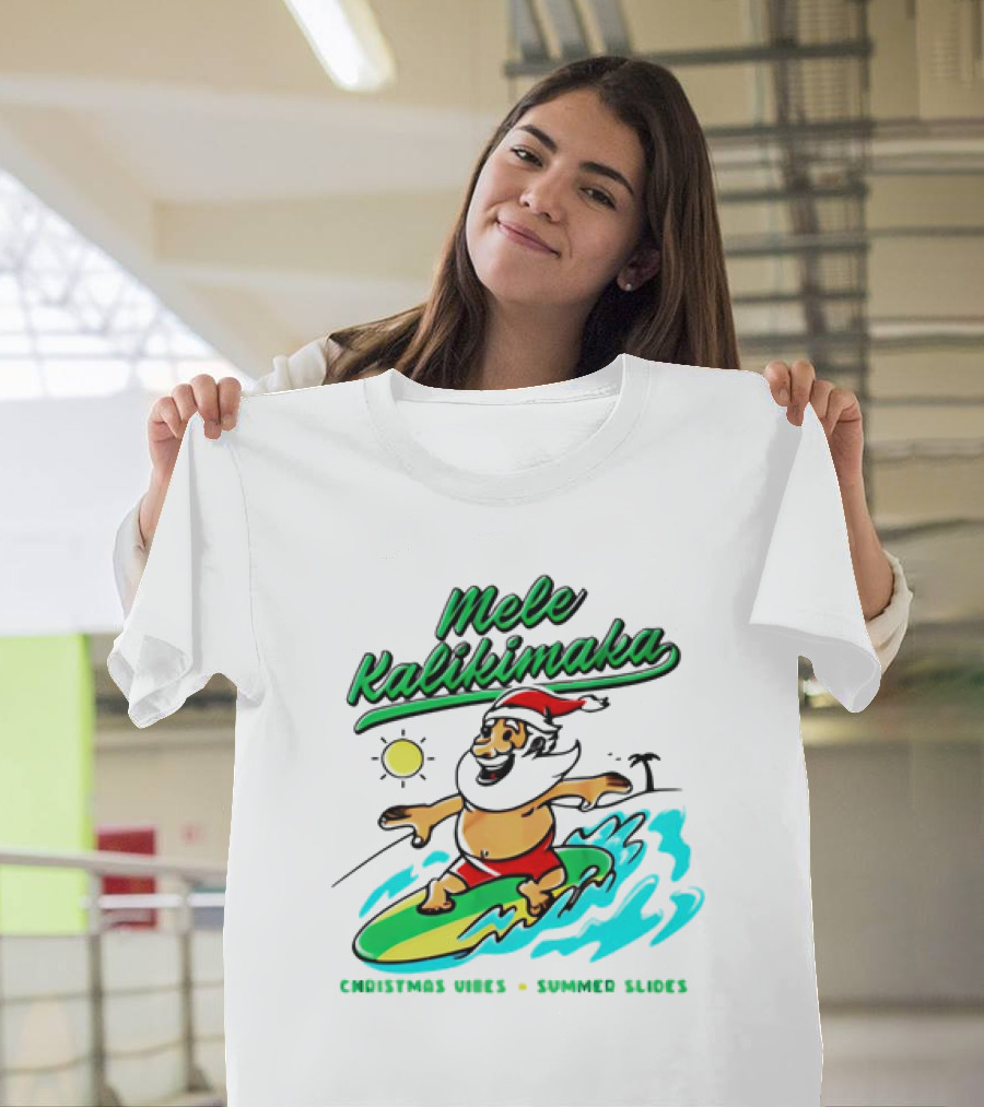 Mele Kalikimaka Santa Claus Surfing Christmas Vibes Summer Slides T-Shirt