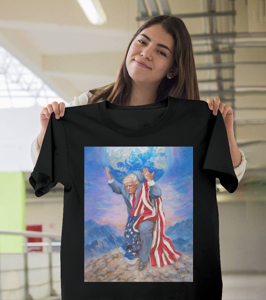 Trump Leads the Way Holding Earth Draped in American Flag T-Shirt