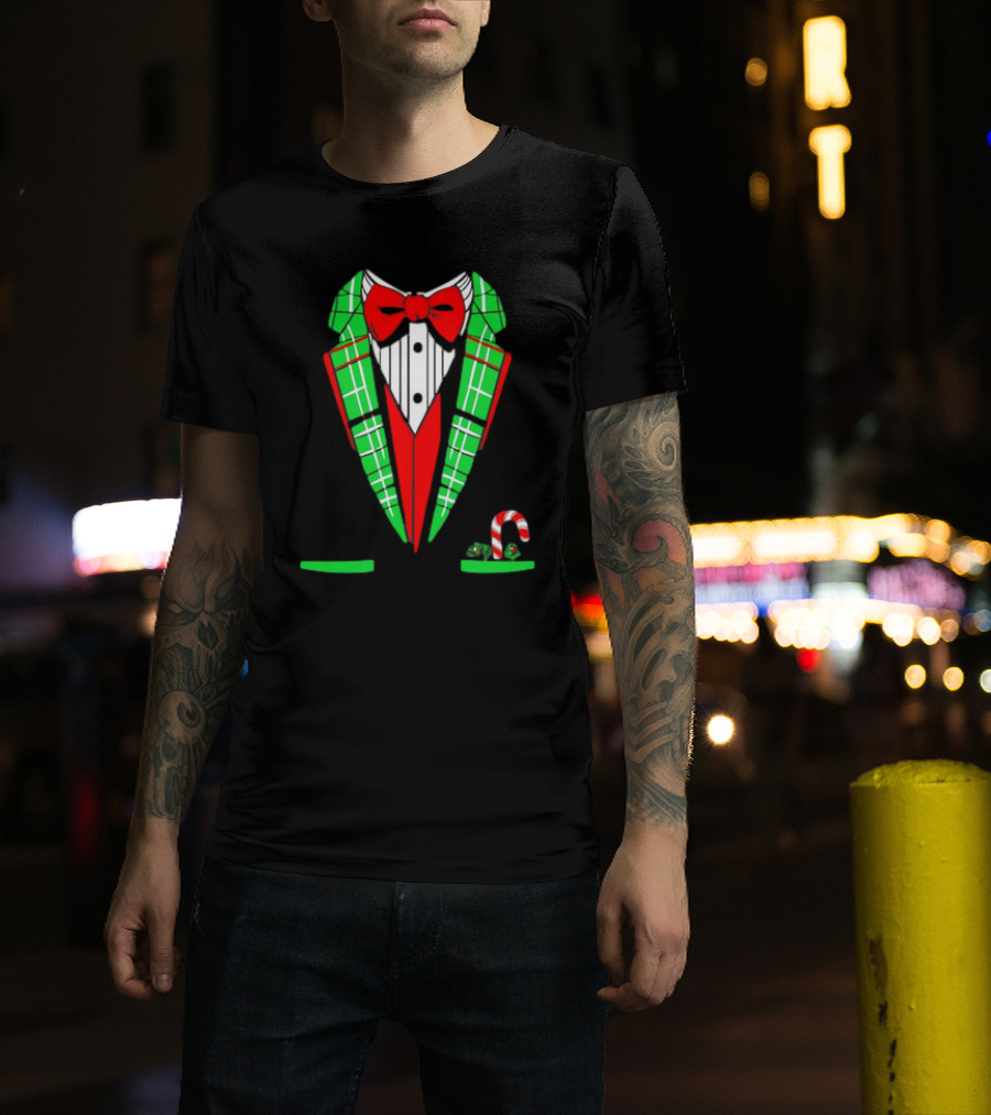 Santa Tuxedo Christmas Suit Candy Cane Plaid Bow Tie T-Shirt