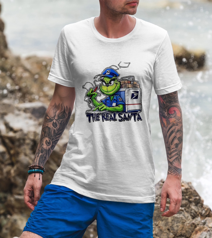 Grinch USPS The Real Santa Postal Delivery Holiday Fun T-Shirt