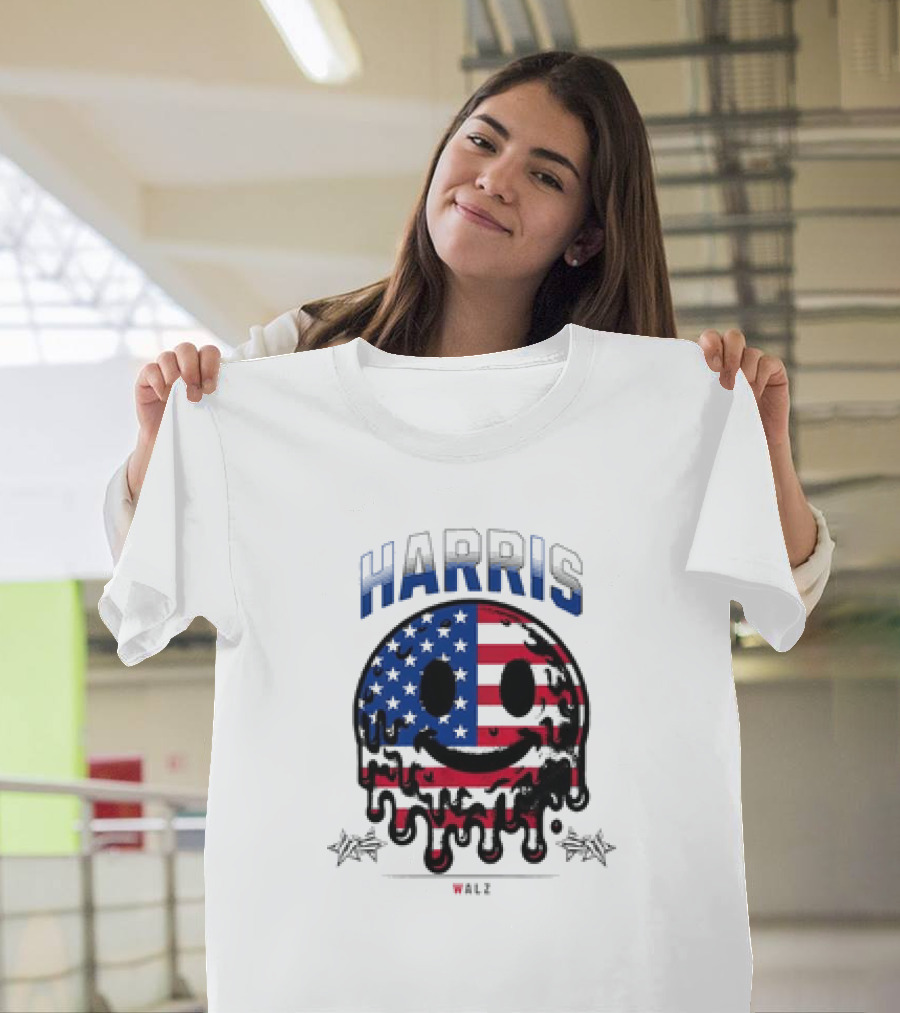 Harris Walz Smiley Drip USA Flag T-Shirt