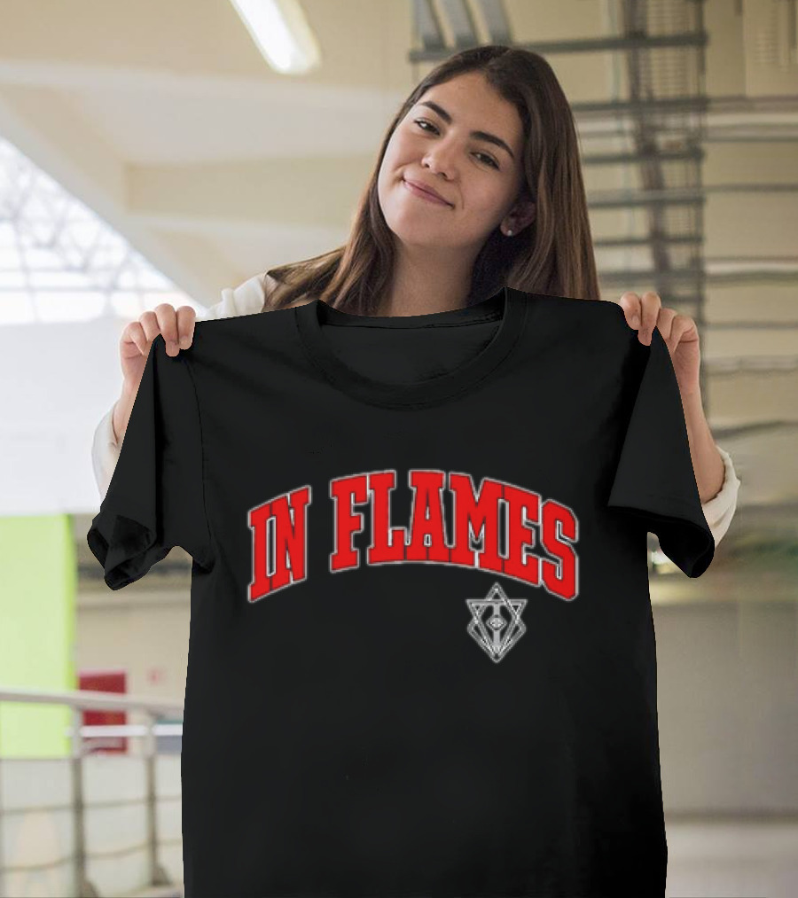 In Flames Red Collegiate Text with Geometric T-Shirt