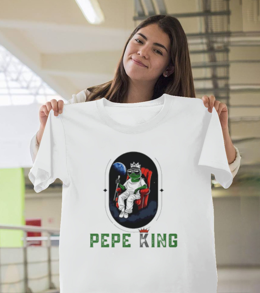 Pepe King Meme Coin Earth Throne Crown Chair T-Shirt