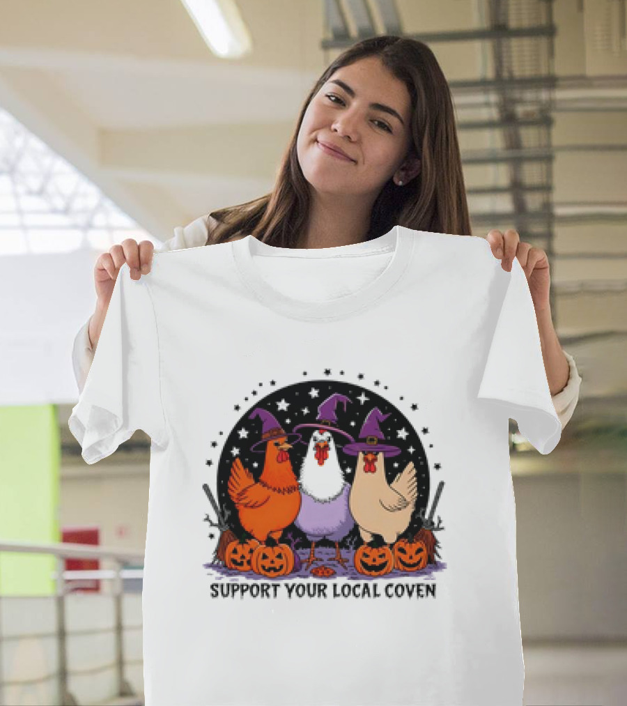 Support Your Local Coven Halloween Chicken Cartoon Trio with Witch Hats and Pumpkins T-Shirt