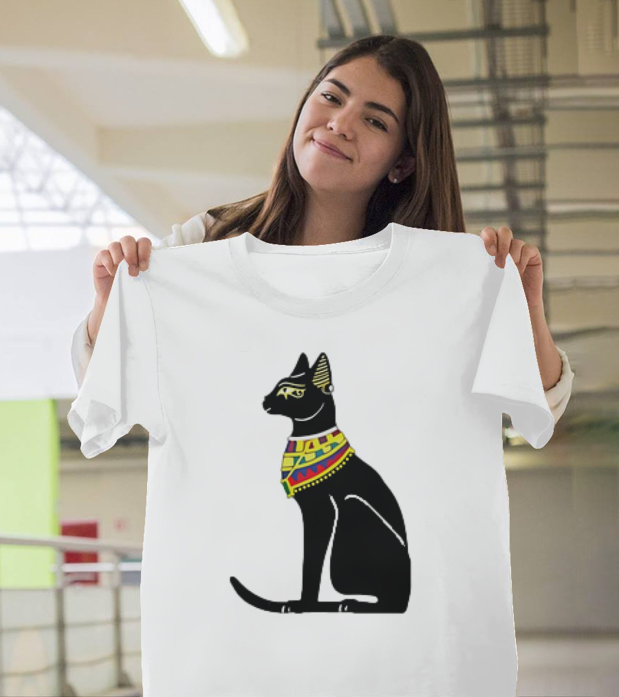 Regal Egyptian Cat with Colorful Geometric Scarf T-Shirt
