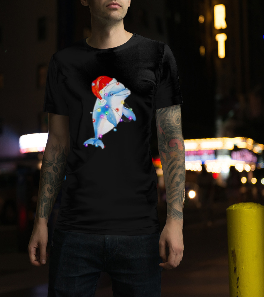 Dolphin Santa Hat Christmas Lights T-Shirt