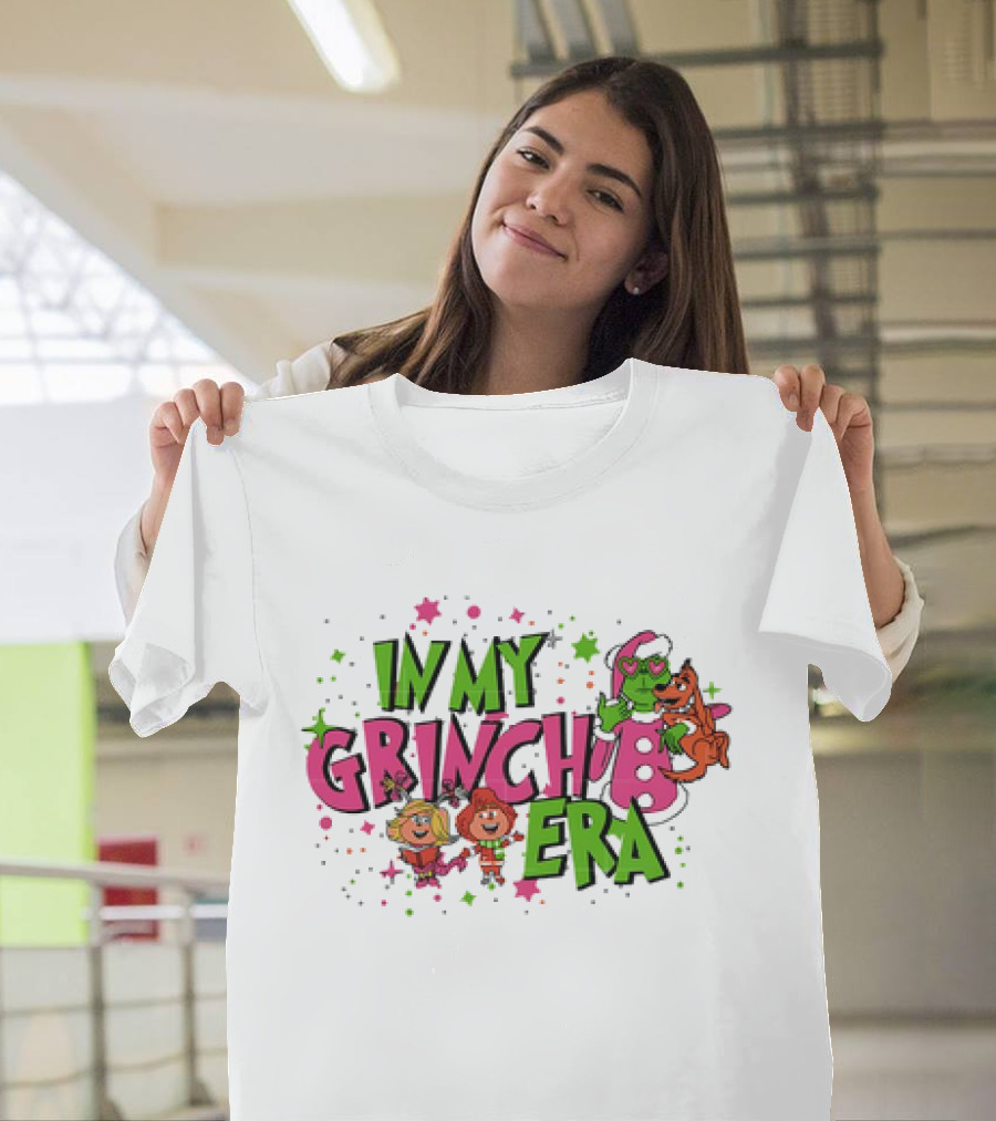 In My Grinch Era Pink Christmas With Cartoon Characters T-Shirt