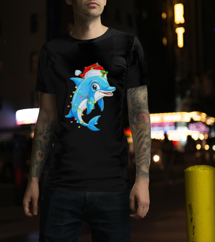 Dolphin In Santa Hat Wrapped In Christmas Tree Lights Pajamas T-Shirt