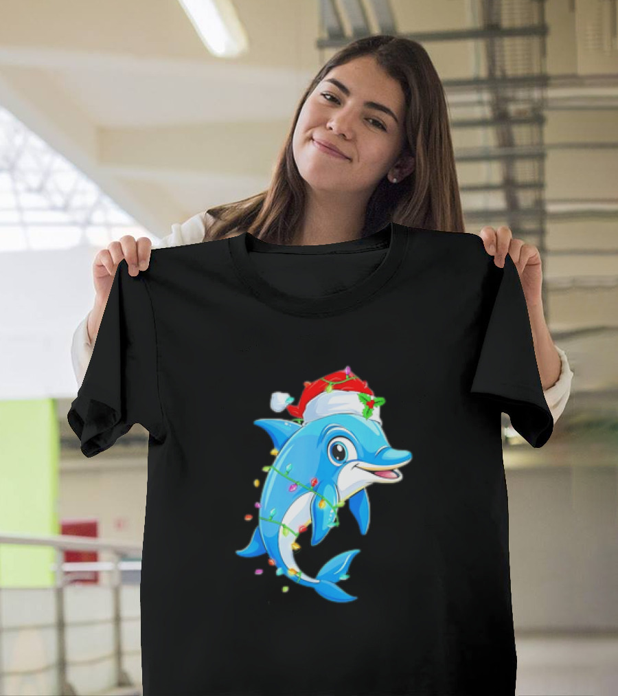 Dolphin In Santa Hat Wrapped In Christmas Tree Lights Pajamas T-Shirt