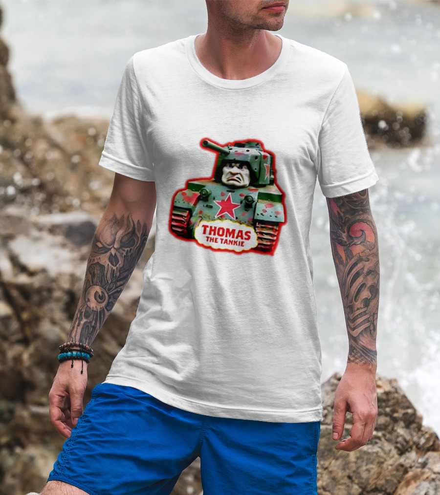 THOMAS THE TANKIE Green Camouflage Tank Red Star Cartoon Face T-Shirt