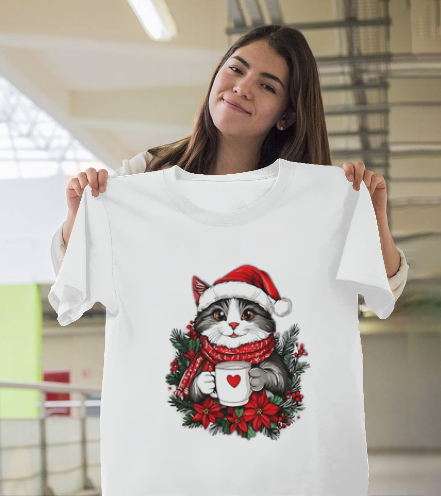 Christmas Cat Santa Hat Coffee Mug Festive T-Shirt