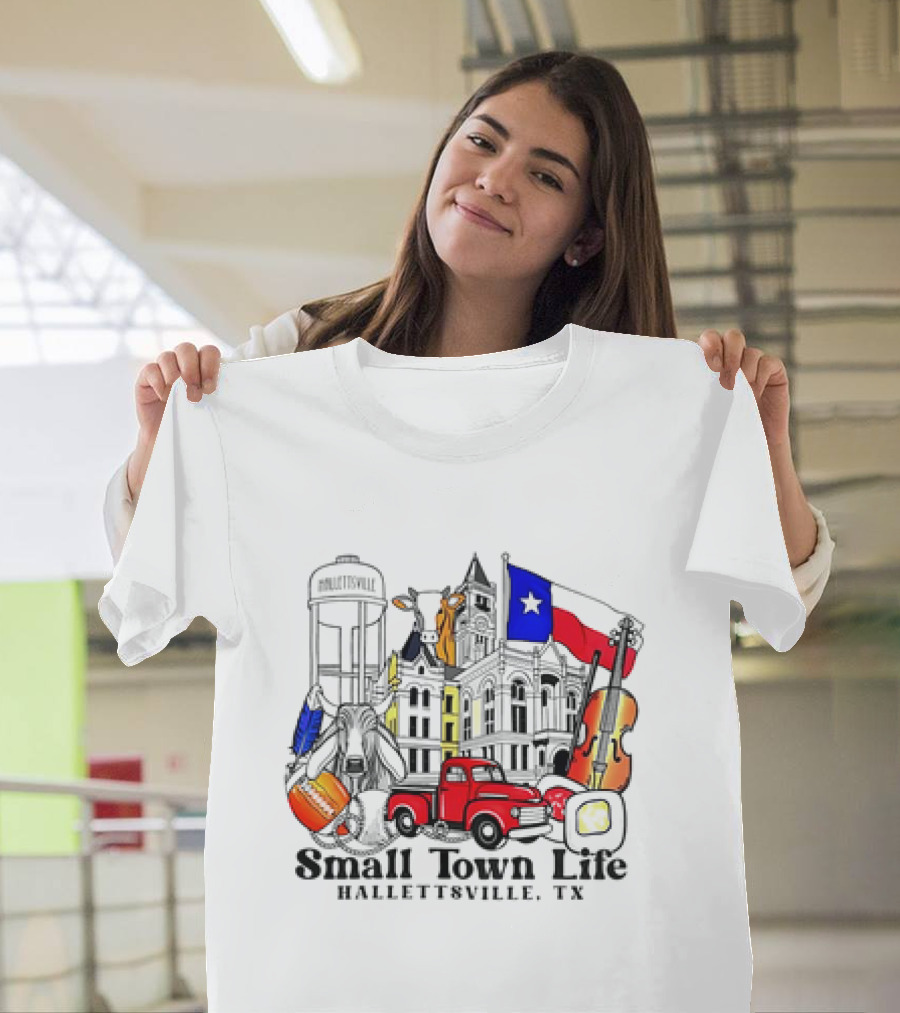 Small Town Life Hallettsville TX Water Tower Historic Courthouse Red Truck Texas Flag Cow Guitar T-Shirt