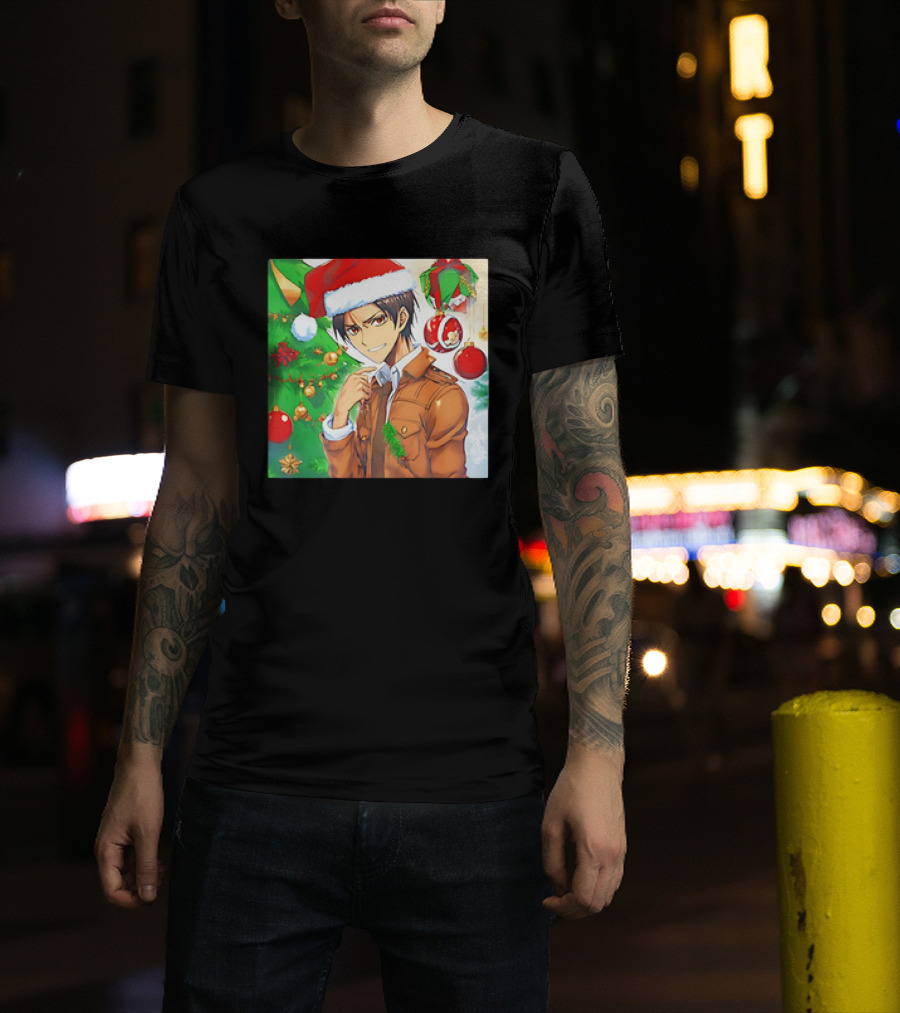 Eren Yeager Santa Hat Christmas Attack On Titan Anime Festive Tree Ornaments T-Shirt