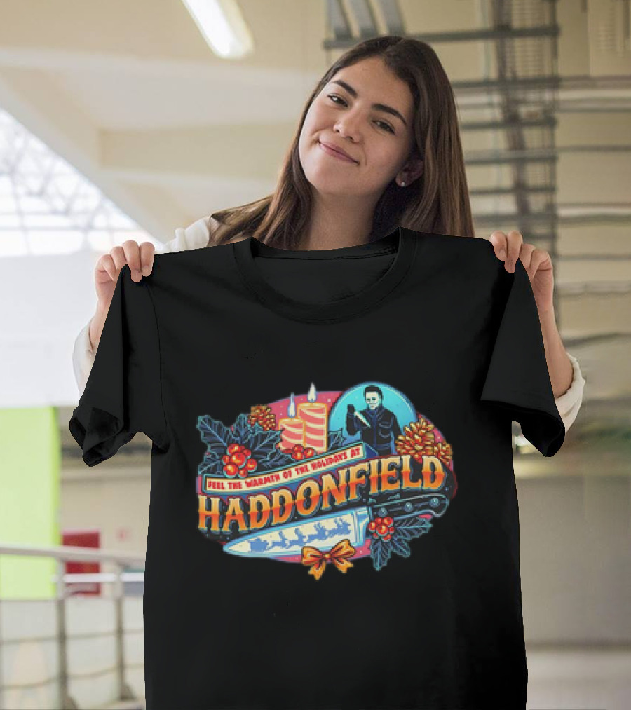 Feel the Warmth of the Holidays at Haddonfield Michael Myers Halloween Candles and Knife T-Shirt
