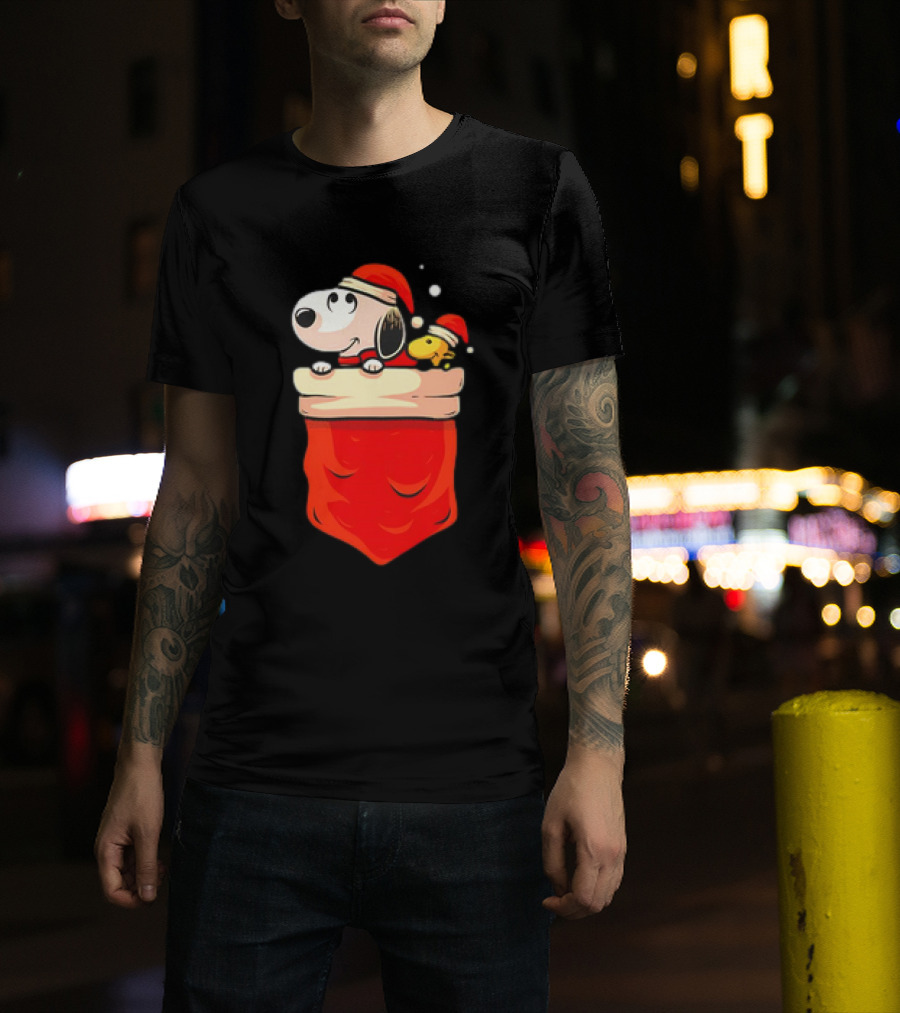 Snoopy And Woodstock Christmas Santa Hats In Red Pocket T-Shirt
