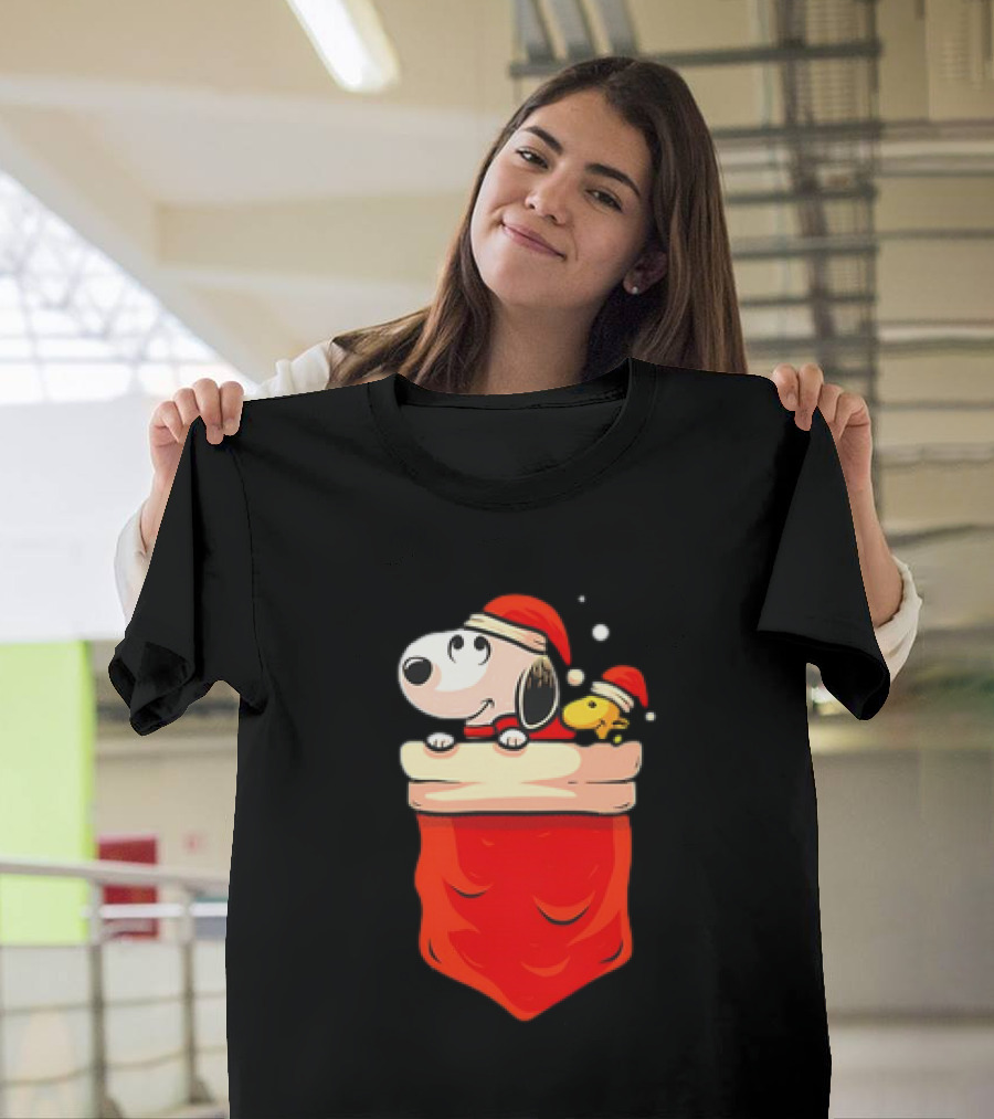 Snoopy And Woodstock Christmas Santa Hats In Red Pocket T-Shirt
