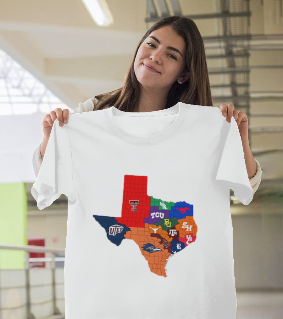 Map of Texas College Football Teams Featuring TCU Baylor Texas A&M Texas Tech UTEP T-Shirt