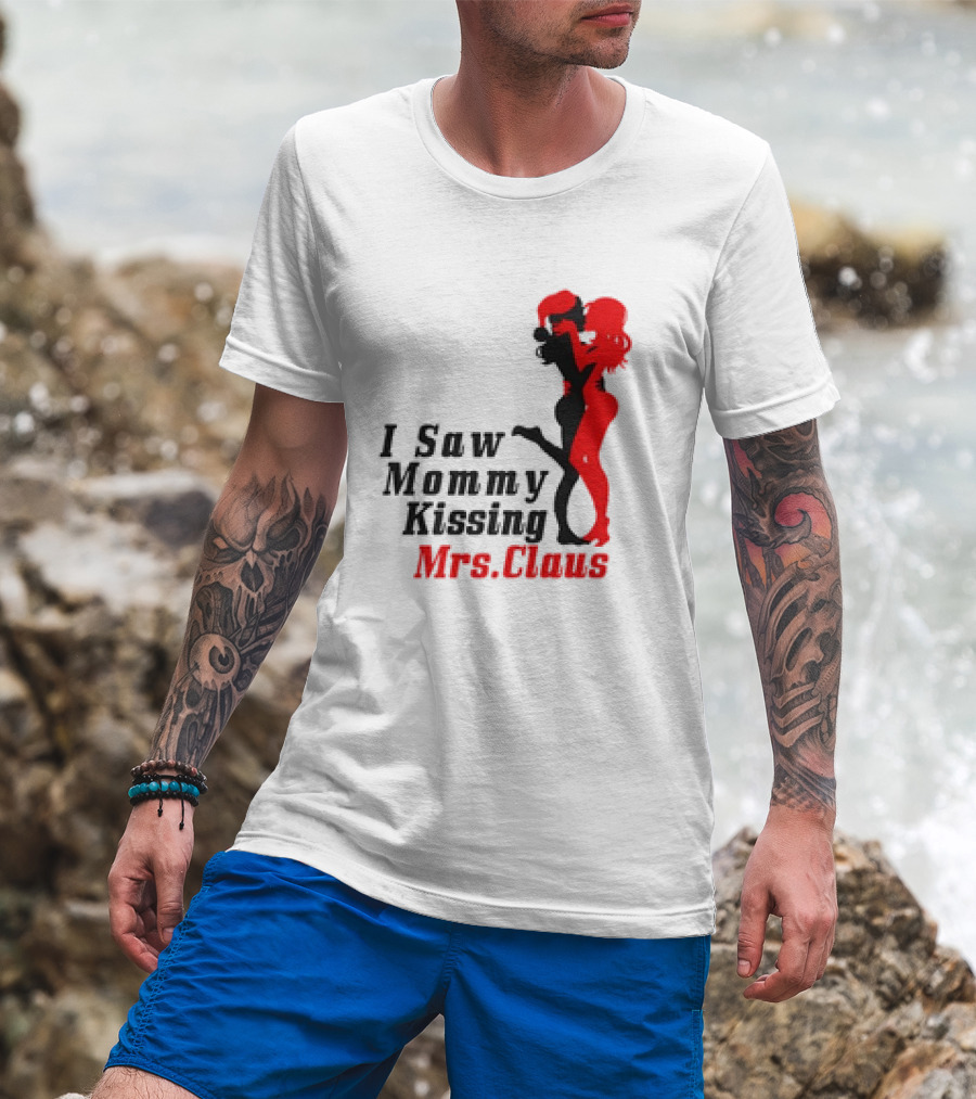 I Saw Mommy Kissing Mrs. Claus Retro Silhouette Christmas Fun T-Shirt