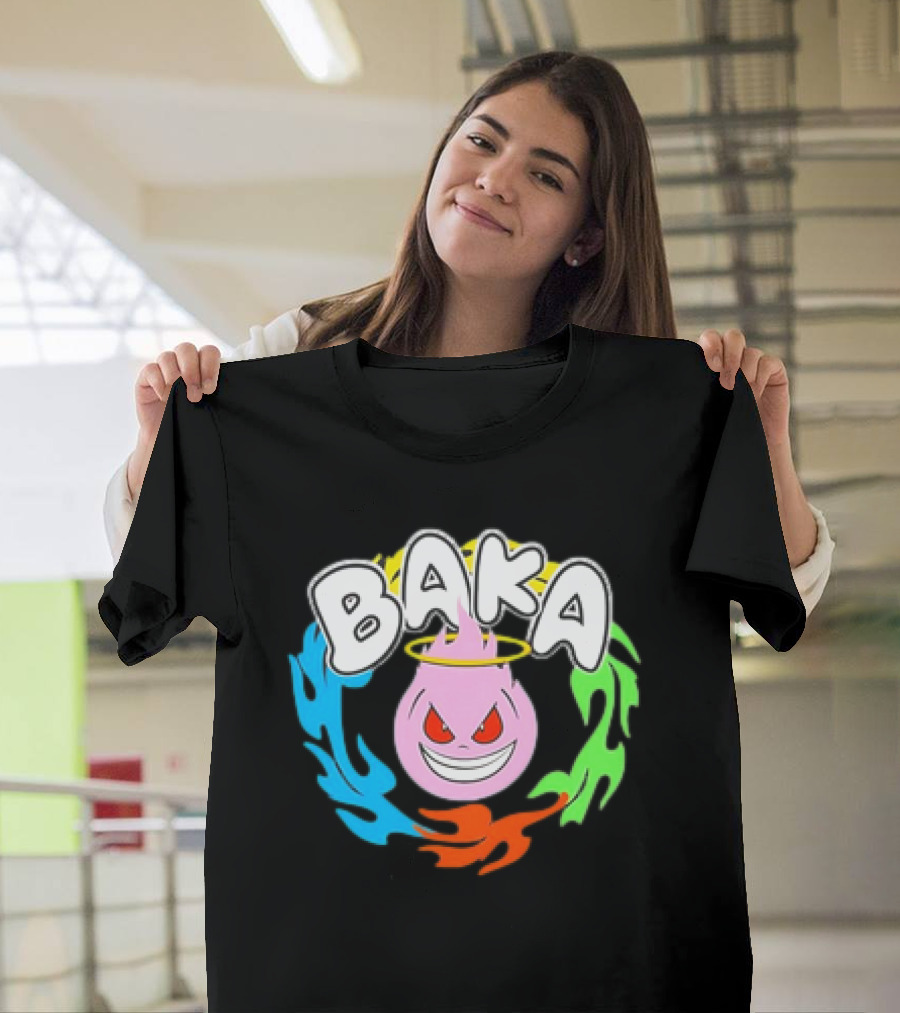 Baka Cartoon Flame With Mischievous Expression Surrounded By Colorful Fire Halo T-Shirt