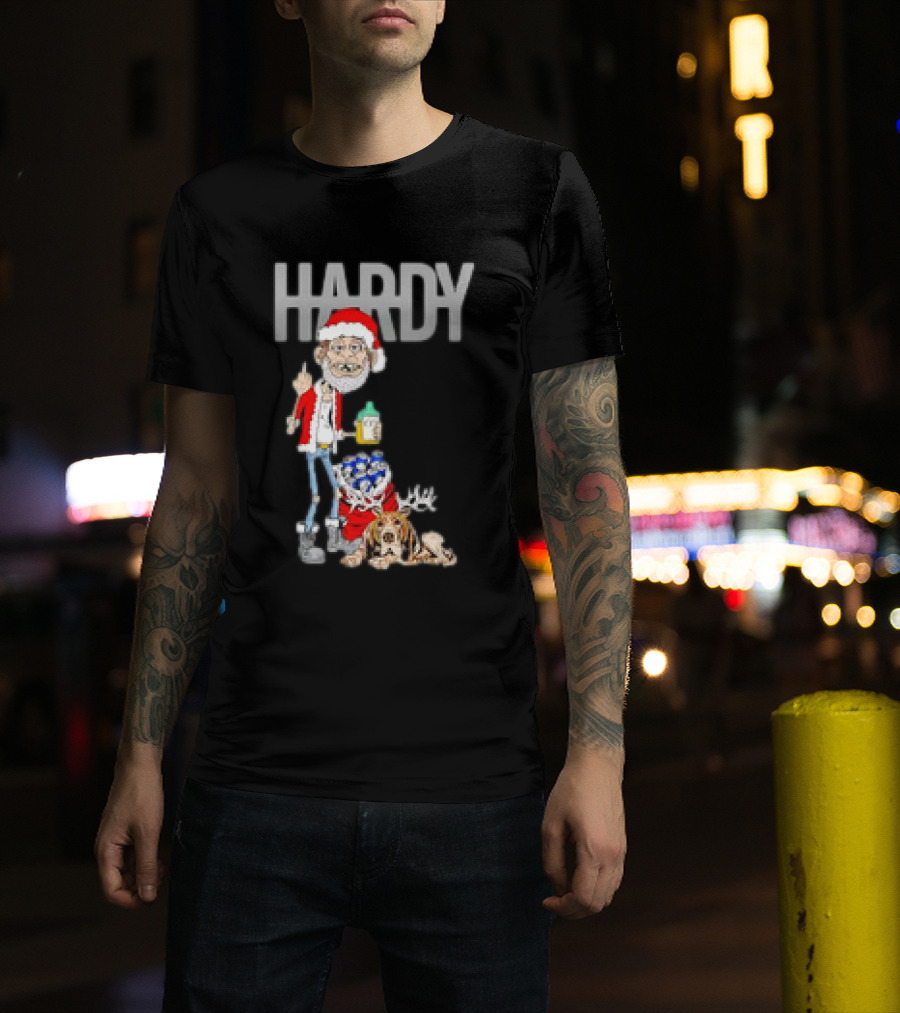 Hardy Jim Bob Holiday Christmas Santa With Beer And Reindeer Dog T-Shirt