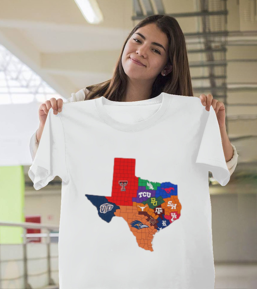 Texas College Football Teams Map with Logos Including Texas Tech TCU SMU Baylor Texas A&M UTEP SHSU UTSA T-Shirt