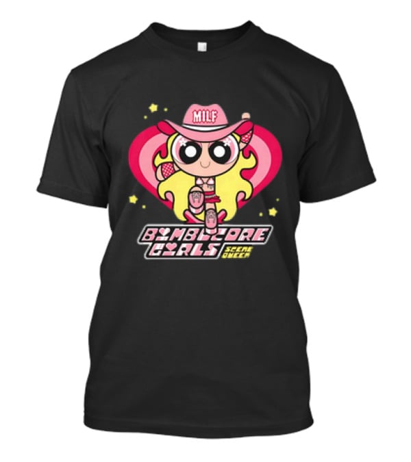Bimbocore Girls Scene Queen Powerpuff MILF Cowboy Hat Pink Heart Flame T-Shirt