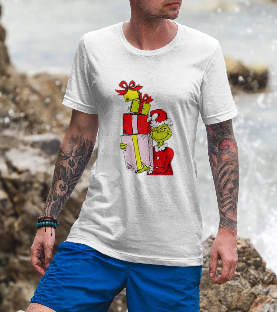 Grinch With Stacked Christmas Gifts Santa T-Shirt