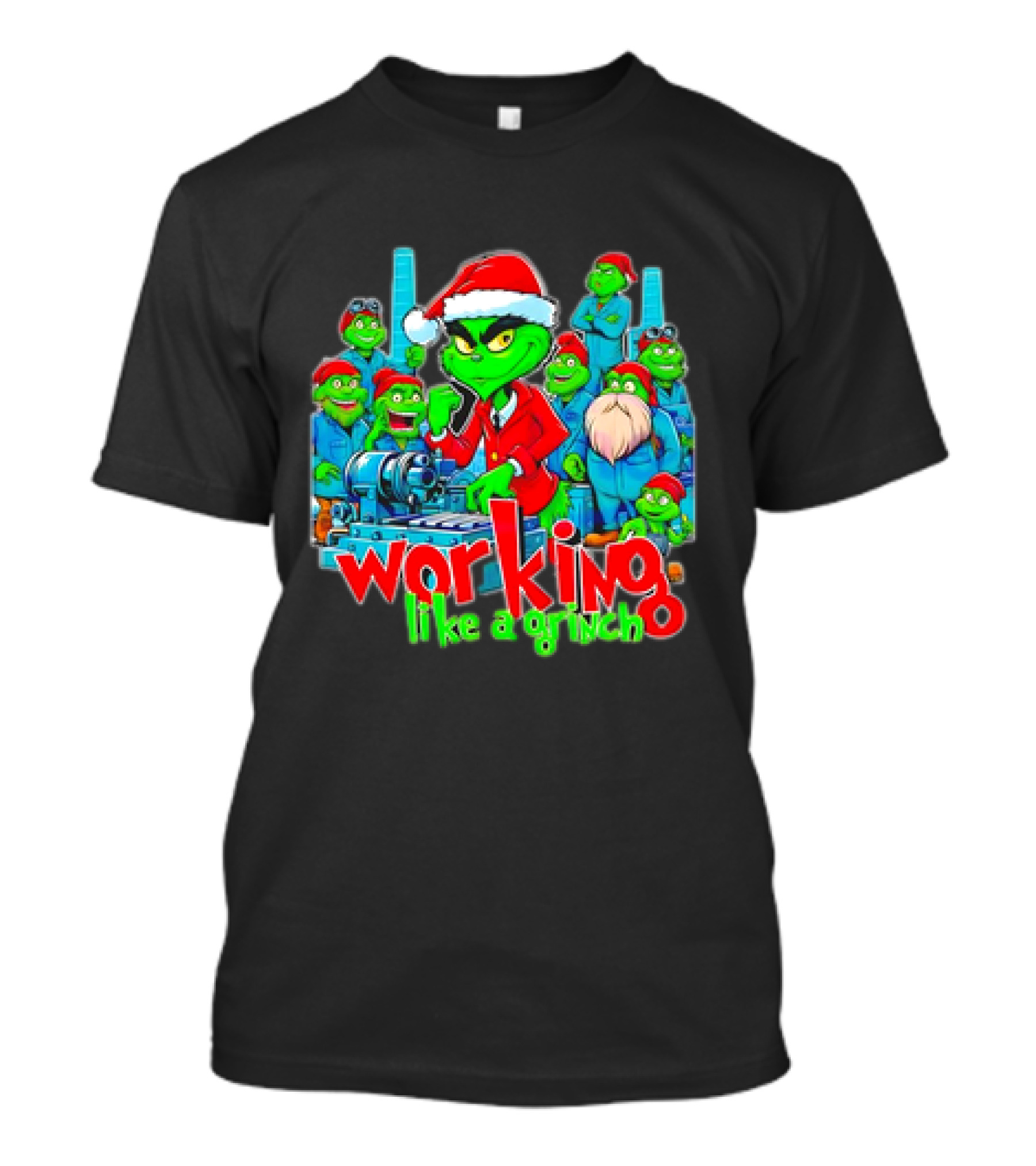 Working Like A Grinch Christmas Mechanic Santa Hat Crew T-Shirt