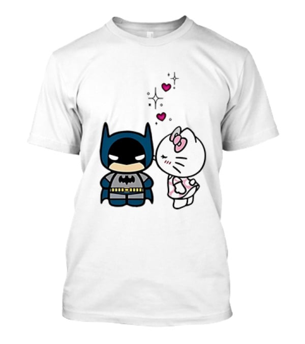 Hello Kitty Kissing Batman With Hearts And Sparkles T-Shirt