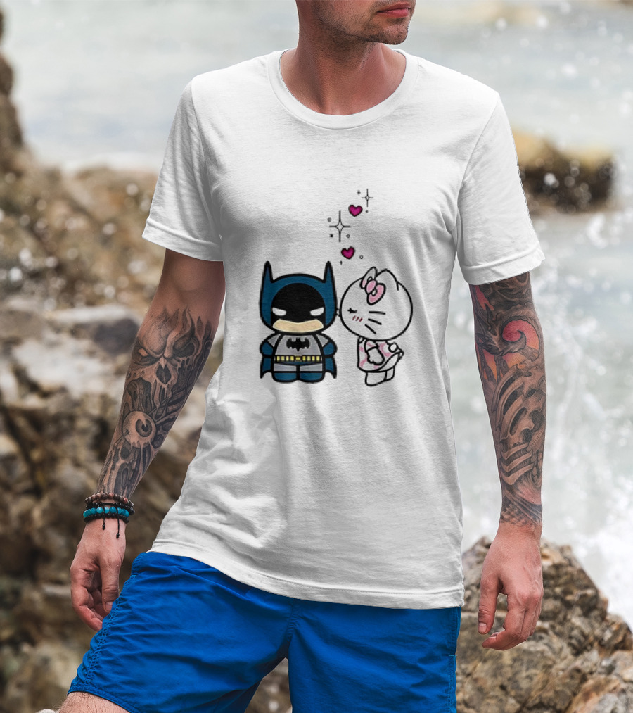 Hello Kitty Kissing Batman With Hearts And Sparkles T-Shirt