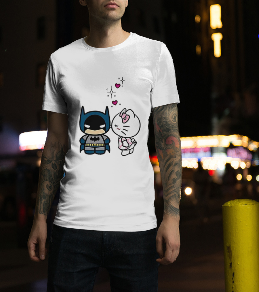Hello Kitty Kissing Batman With Hearts And Sparkles T-Shirt