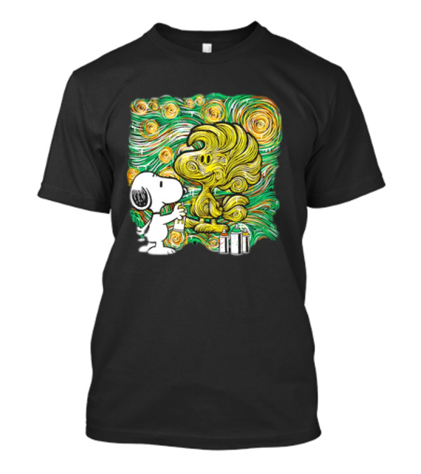 Peanuts Snoopy Spray Painting Woodstock In Starry Night Graffiti T-Shirt