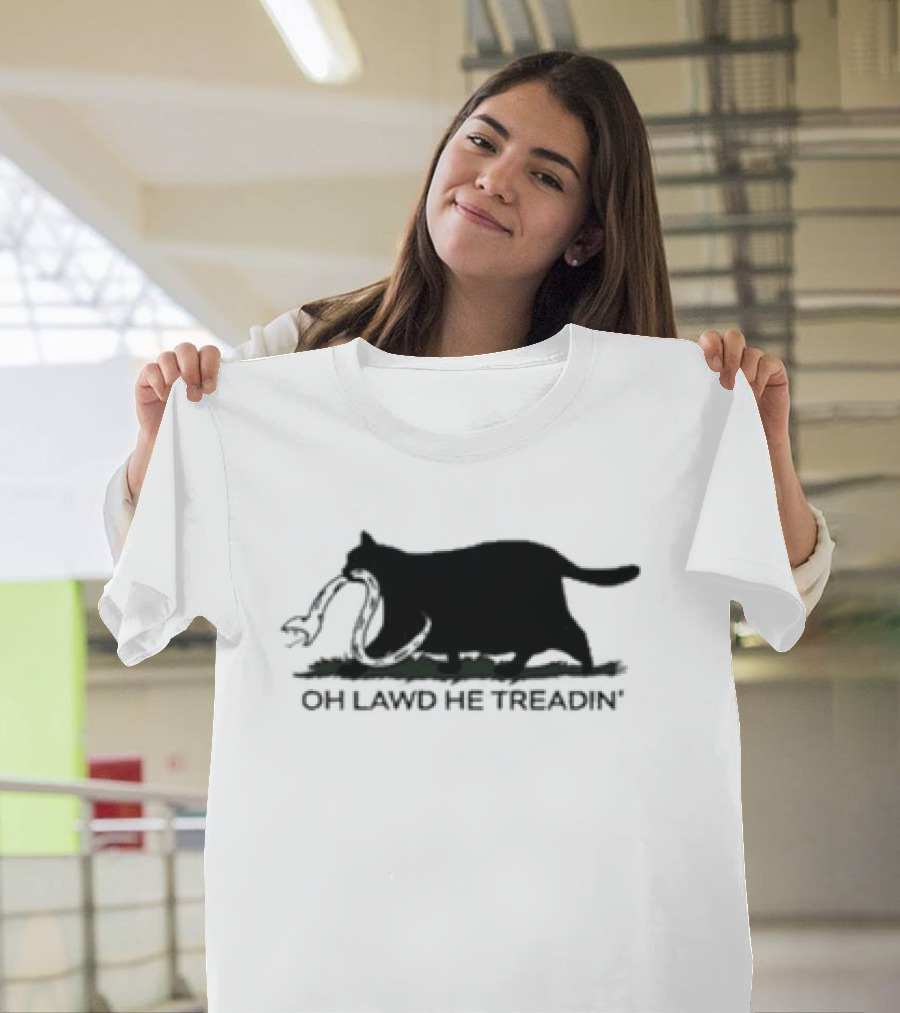 Oh Lawd He Treadin' Cat Silhouette Biting Snake T-Shirt